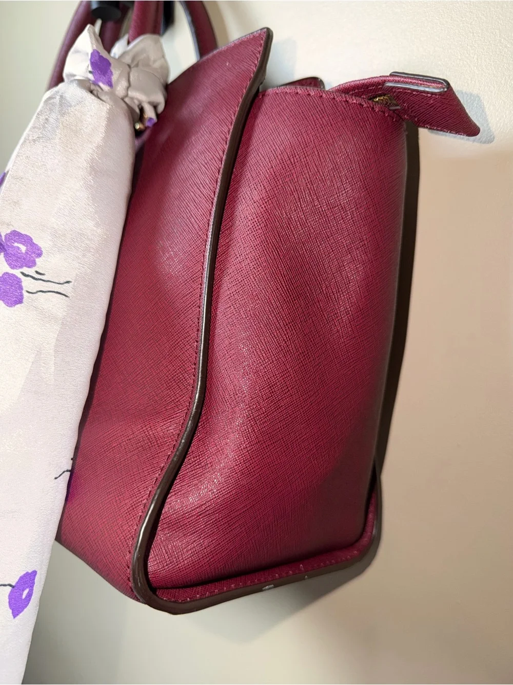 Michael Kors Wine Saffiano Leather Satchel with Scarf Accent